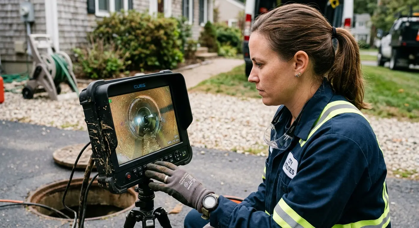 Technician reviewing sewer camera inspection footage in South Lebanon