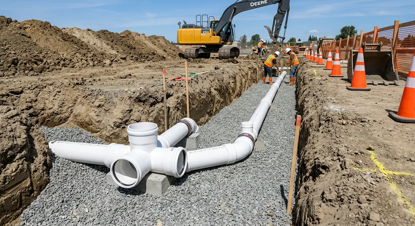 New PVC sewer pipe installation in open trench for Commercial Drain Cleaning in South Lebanon