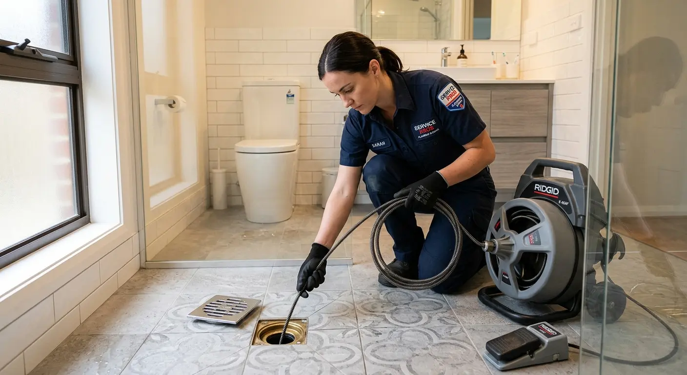 Technician clearing a bathroom floor drain for Drain Cleaning in South Lebanon
